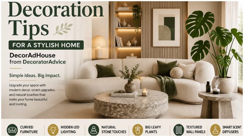 Decoration Tips DecorAdHouse from DecoratorAdvice showing a modern living room with curved sofa, LED lighting, indoor plants, stone decor, and textured wall panels.