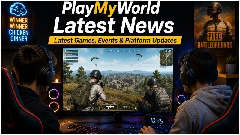 Two gamers playing a battle royale game on PC with PlayMyWorld Latest News banner showing latest games, events, and platform updates.